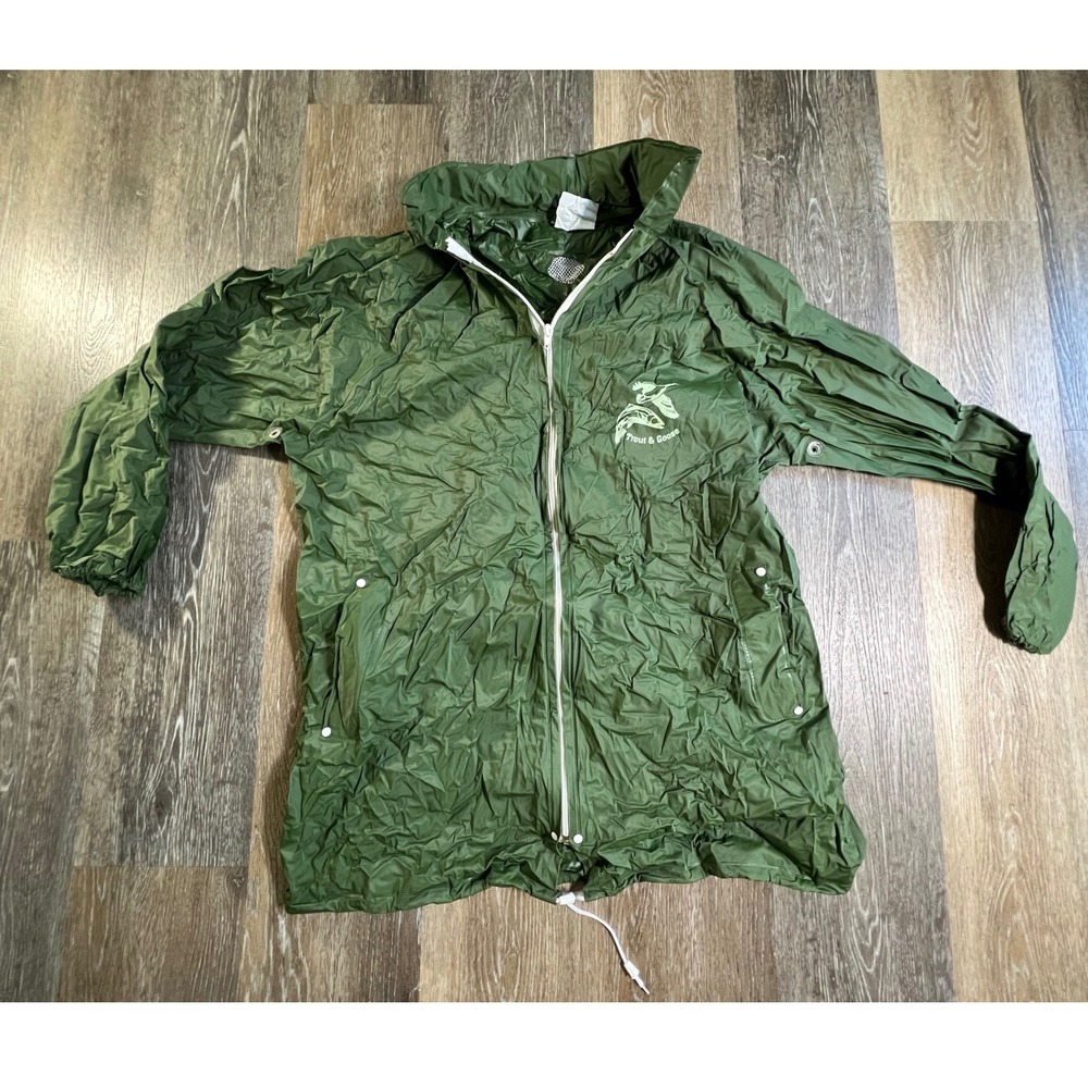 Trout & Goose Rain Jacket Unisex OSFA Green PVC Hooded Fishing Windbreaker